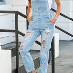 Distressed Denim Overalls with Pockets