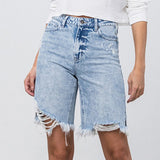 High Rise Frayed Hem Bermuda Denim Shorts