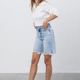 High Rise Frayed Hem Bermuda Denim Shorts