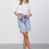 High Rise Frayed Hem Bermuda Denim Shorts