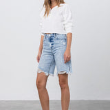 High Rise Frayed Hem Bermuda Denim Shorts