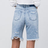 High Rise Frayed Hem Bermuda Denim Shorts