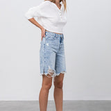 High Rise Frayed Hem Bermuda Denim Shorts