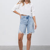 High Rise Frayed Hem Bermuda Denim Shorts