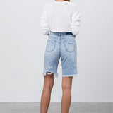 High Rise Frayed Hem Bermuda Denim Shorts