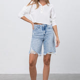 TAKE NO SLIT DISTRESSED DENIM BERMUDA SHORTS