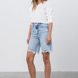 TAKE NO SLIT DISTRESSED DENIM BERMUDA SHORTS