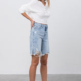 TAKE NO SLIT DISTRESSED DENIM BERMUDA SHORTS