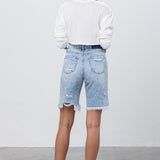 TAKE NO SLIT DISTRESSED DENIM BERMUDA SHORTS