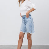 TAKE NO SLIT DISTRESSED DENIM BERMUDA SHORTS