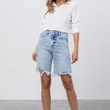 TAKE NO SLIT DISTRESSED DENIM BERMUDA SHORTS
