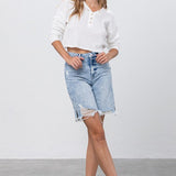 TAKE NO SLIT DISTRESSED DENIM BERMUDA SHORTS