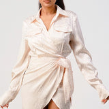 Leopard print wrap double pocket shirt dress