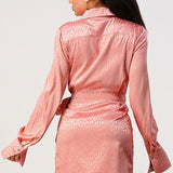 Leopard print wrap double pocket shirt dress