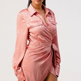Leopard print wrap double pocket shirt dress