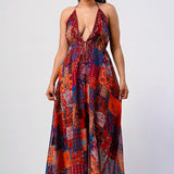 Bohemian print sequin lace trim maxi dress