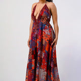 Bohemian print sequin lace trim maxi dress