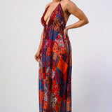 Bohemian print sequin lace trim maxi dress