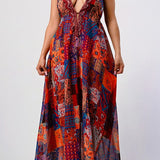 Bohemian print sequin lace trim maxi dress