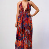 Bohemian print sequin lace trim maxi dress