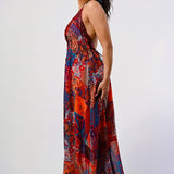 Bohemian print sequin lace trim maxi dress