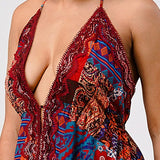 Bohemian print sequin lace trim maxi dress