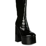 VINKELE Patent PU Platform Heeled Calf Boots
