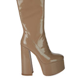 VINKELE Patent PU Platform Heeled Calf Boots