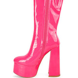 VINKELE Patent PU Platform Heeled Calf Boots
