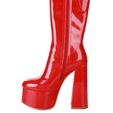 VINKELE Patent PU Platform Heeled Calf Boots