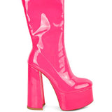 VINKELE Patent PU Platform Heeled Calf Boots