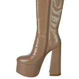 VINKELE Patent PU Platform Heeled Calf Boots
