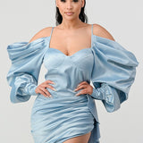 Athina Elegant Puff Shoulder Satin Mini Dress