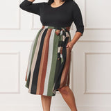 Plus Quarter Sleeve, Stripe Sash Midi Dress
