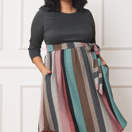 Plus Quarter Sleeve, Stripe Sash Midi Dress