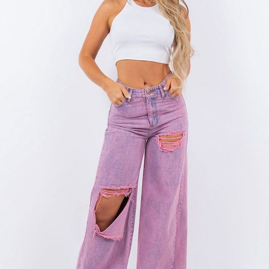 Vintage Ripped Wide Leg jean in Mineral Pink