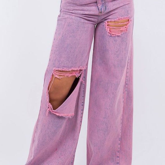 Vintage Ripped Wide Leg jean in Mineral Pink