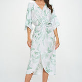 Tropical Leaf Print Kimono Dress with Front Twist