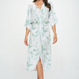 Tropical Leaf Print Kimono Dress with Front Twist