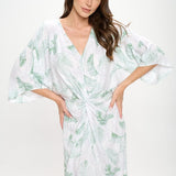 Tropical Leaf Print Kimono Dress with Front Twist