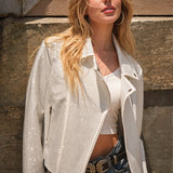 Crystal Studded Stretch Zip Up Moto Jacket