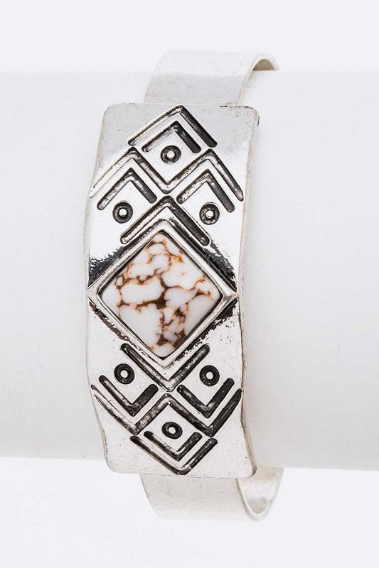 Engraved Aztec Stone Open Bangle