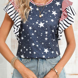 Flag Stripe Ruffle Sleeve Star Shirt USA