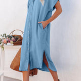 Slit Button Up Short Sleeve Denim Dress