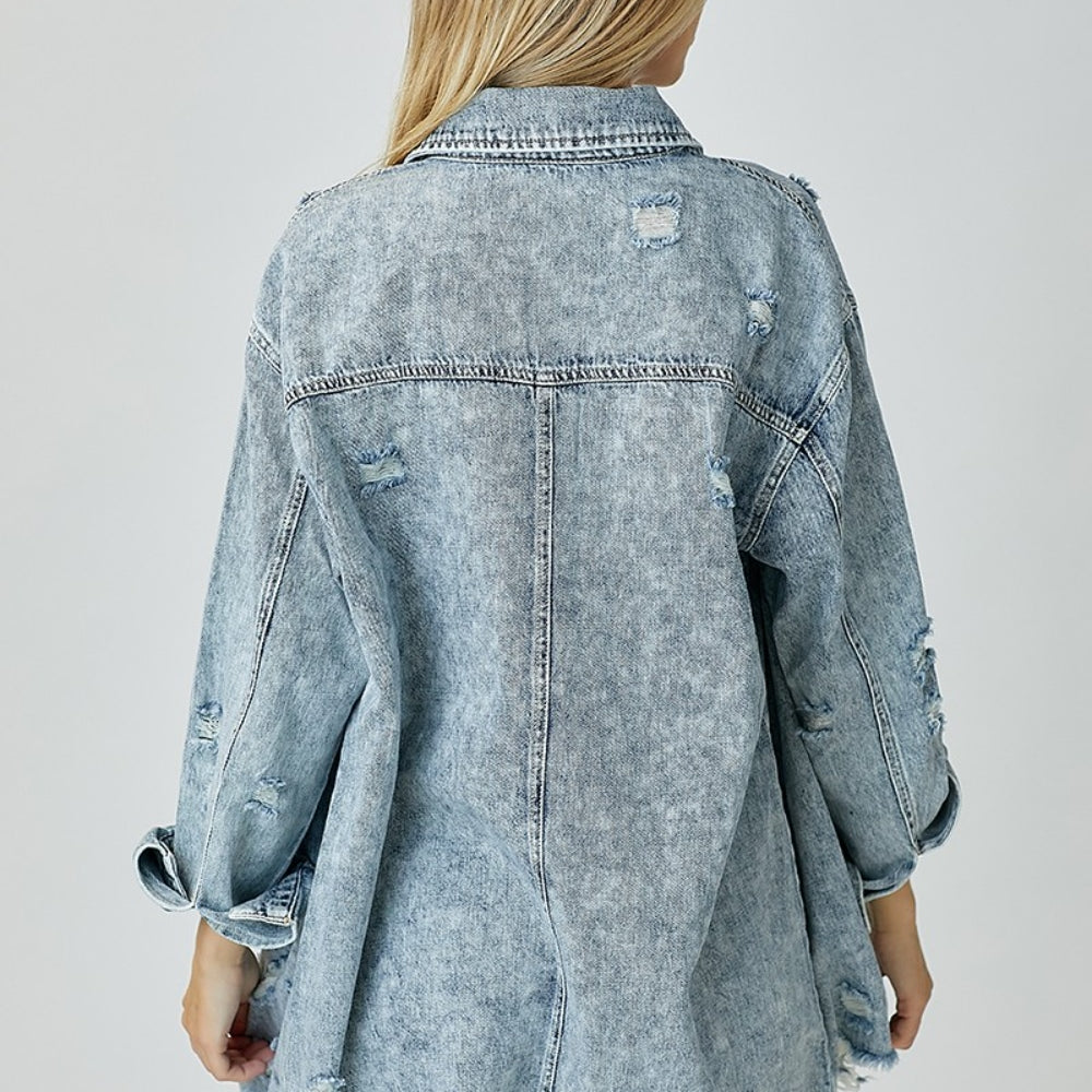 Distressed Raw Hem Denim Shirt