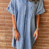 Pocketed Button Up Half Sleeve Denim Dress