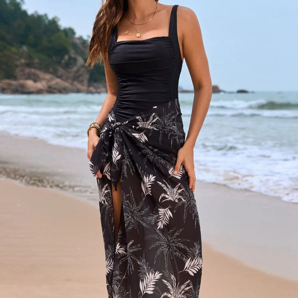 Square Neck Printed One-Piece Swimwear and Matching Cover Up Swim Set in Black
