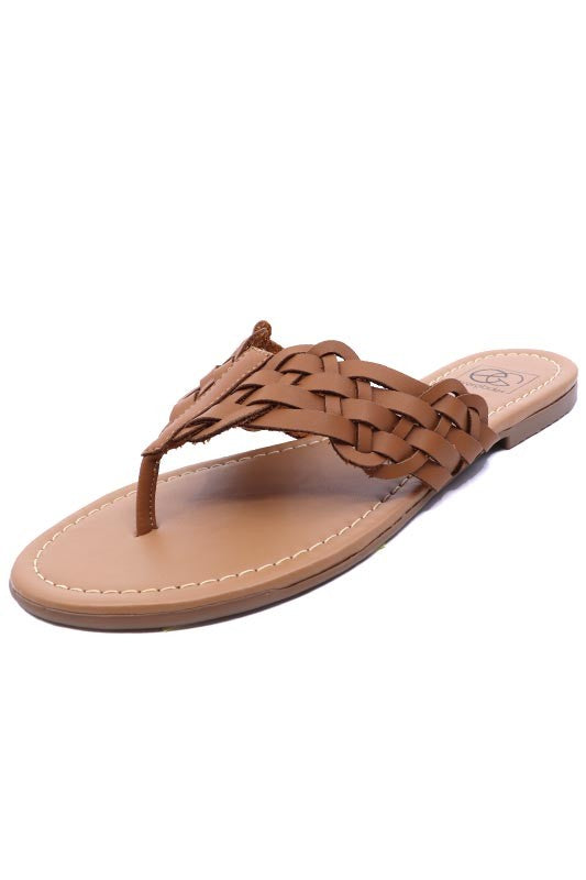 Women's woven faux leather thong sandals with braided strap design and cushioned tan sole, available in black, brown, white, and beige – casual summer footwear.