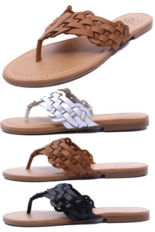 Women's woven faux leather thong sandals with braided strap design and cushioned tan sole, available in black, brown, white, and beige – casual summer footwear.