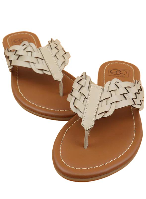 Women's woven faux leather thong sandals with braided strap design and cushioned tan sole, available in black, brown, white, and beige – casual summer footwear.
